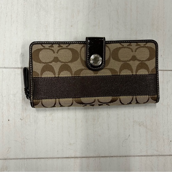 Coach Handbags - Coach Signature Logo Stripe Zip Around Wallet Brown Tan Preowned EUC